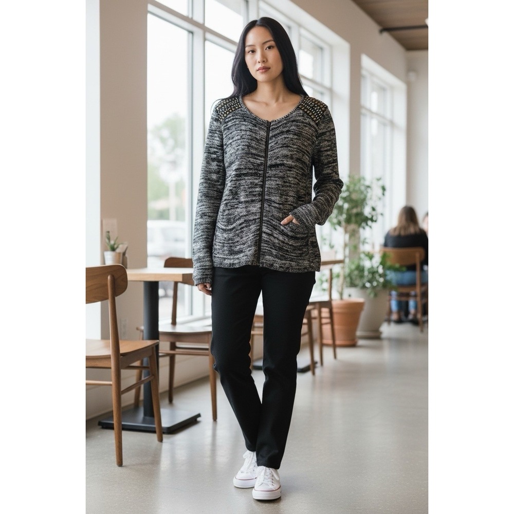 Maurices Studded Zipper Cardigan Black White 80s Punk Gray Knit Pockets Size XL‎